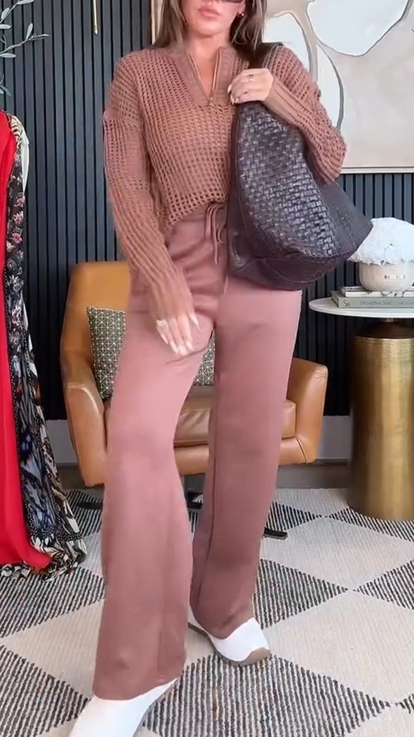 Womens V-neck Knitted Clothes + Pants Casual Set