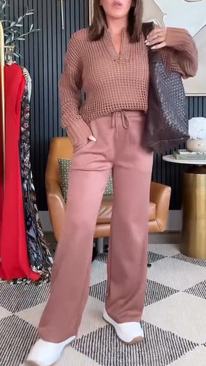 Womens V-neck Knitted Clothes + Pants Casual Set