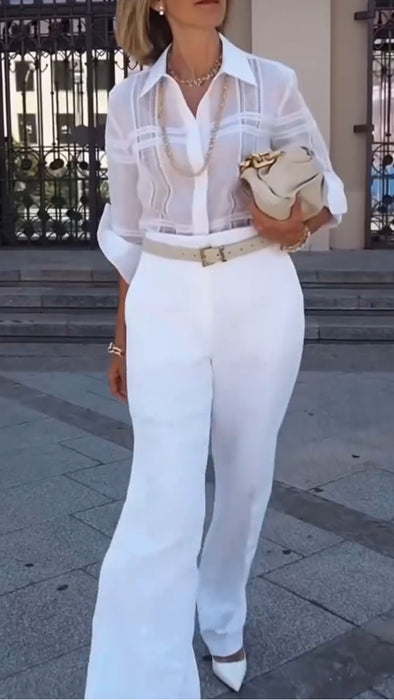 Women Lapel Striped Shirt + Pants Temperament Commuting Casual Suit
