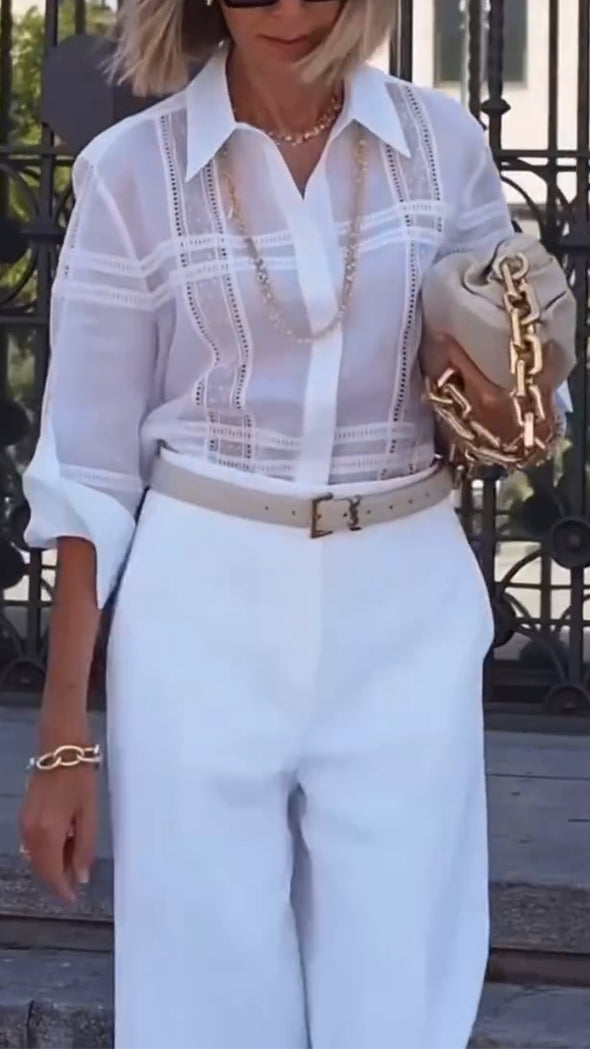 Women Lapel Striped Shirt + Pants Temperament Commuting Casual Suit