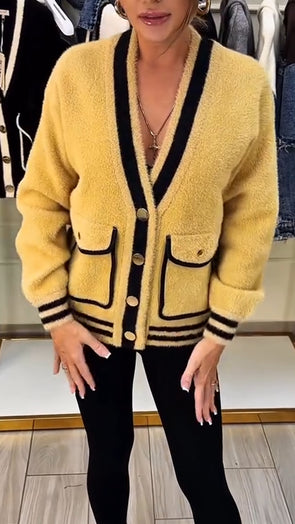 Women Spliced Plush Casual Cardigan