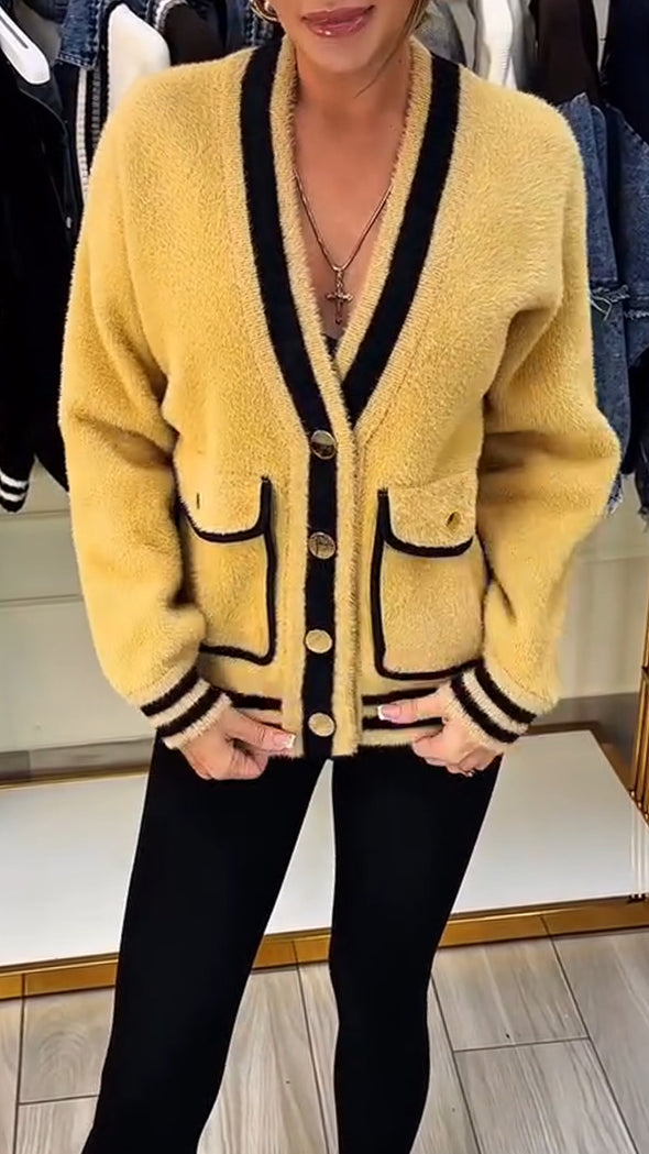 Women Spliced Plush Casual Cardigan