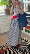 Women Lapel Vertical Striped Loose Casual Dress