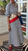 Women Lapel Vertical Striped Loose Casual Dress