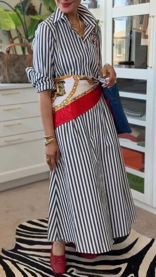 Women Lapel Vertical Striped Loose Casual Dress