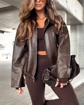 Women Lapel Temperament Casual Leather Jacket