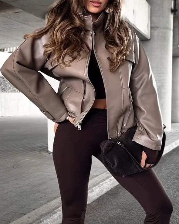 Women Lapel Temperament Casual Leather Jacket
