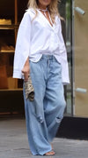 Womens Lapel Shirt + Ripped Washing Jeans Casual Set