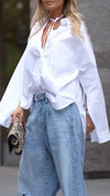 Womens Lapel Shirt + Ripped Washing Jeans Casual Set