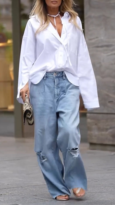 Womens Lapel Shirt + Ripped Washing Jeans Casual Set