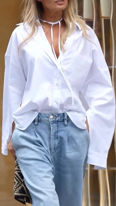 Womens Lapel Shirt + Ripped Washing Jeans Casual Set