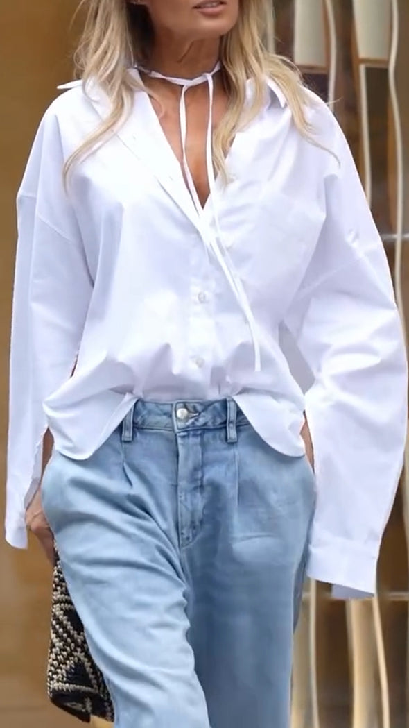 Womens Lapel Shirt + Ripped Washing Jeans Casual Set