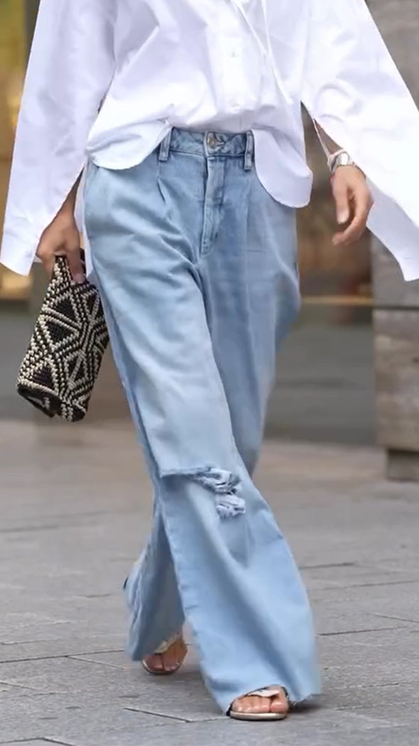 Womens Lapel Shirt + Ripped Washing Jeans Casual Set