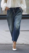 Women V-neck Splicing Top + Washing Jeans Casual Set