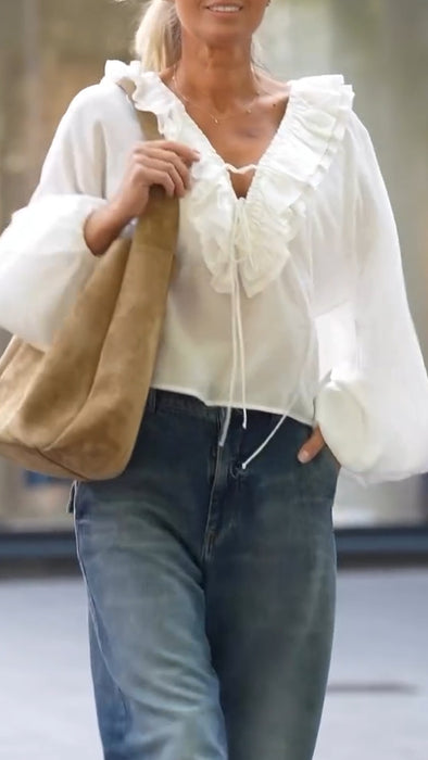 Women V-neck Splicing Top + Washing Jeans Casual Set
