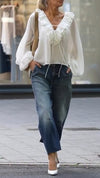 Women V-neck Splicing Top + Washing Jeans Casual Set
