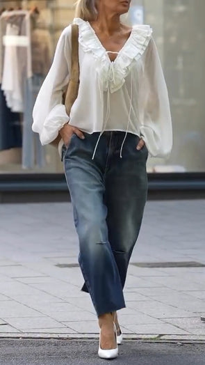 Women V-neck Splicing Top + Washing Jeans Casual Set
