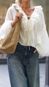 Women V-neck Splicing Top + Washing Jeans Casual Set