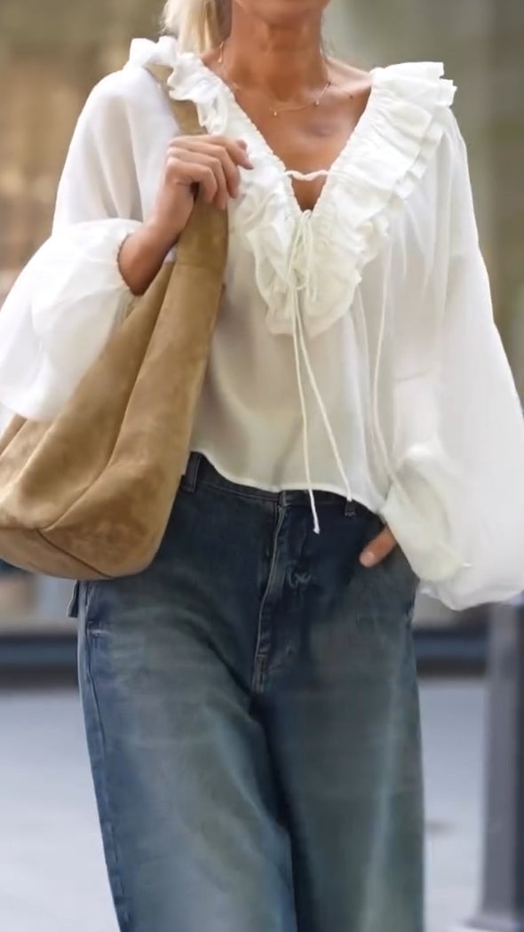 Women V-neck Splicing Top + Washing Jeans Casual Set