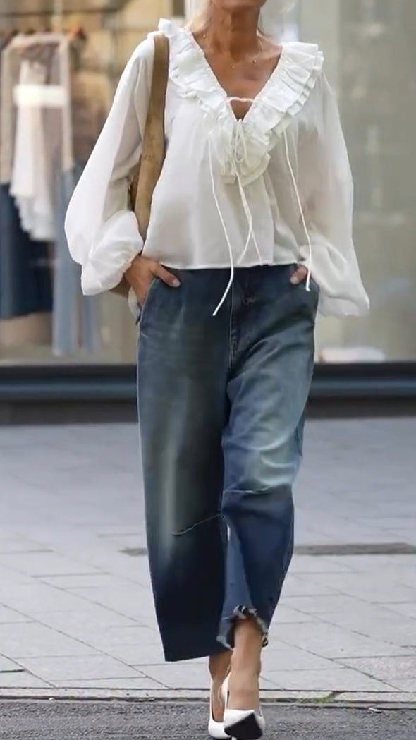 Women V-neck Splicing Top + Washing Jeans Casual Set