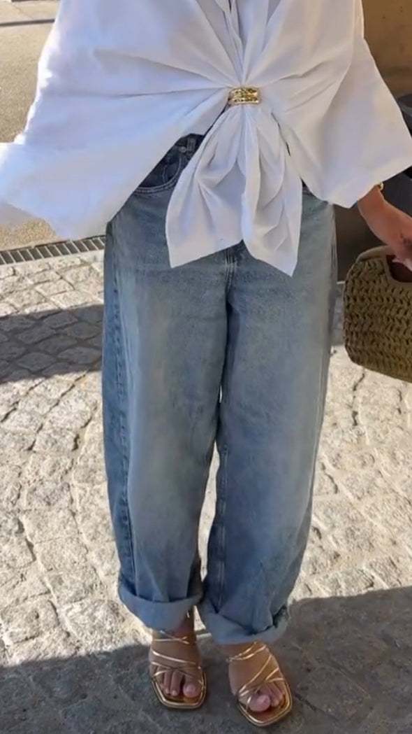 Womens Lapel Loose Shirt + Wash Jeans Temperament Casual Suit