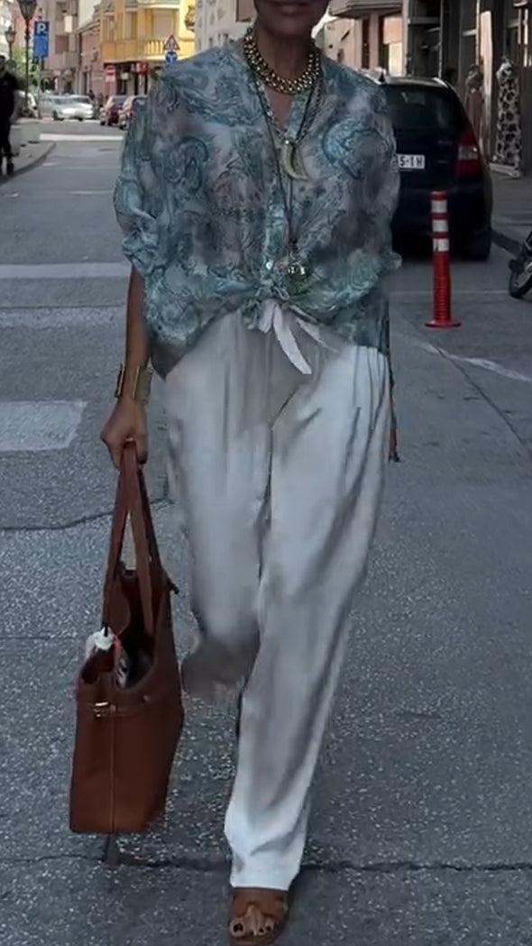 Womens round neck printed top + pants casual suit