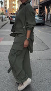 Women Lapel Solid Color Casual Set
