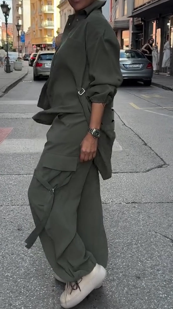 Women Lapel Solid Color Casual Set