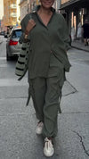 Women Lapel Solid Color Casual Set
