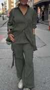 Women Lapel Solid Color Casual Set