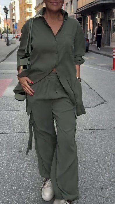 Women Lapel Solid Color Casual Set