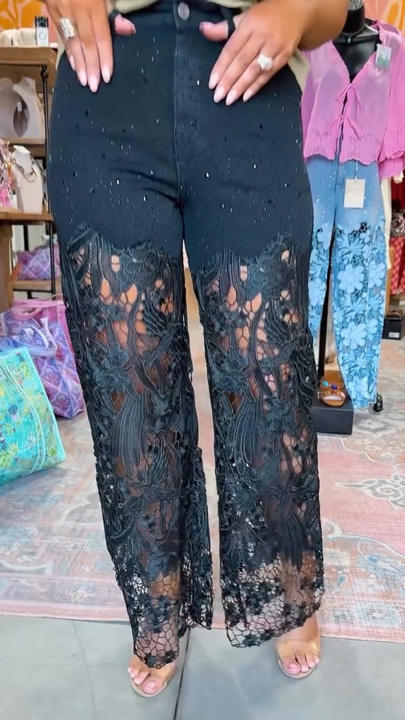 Womens Spliced Hot Diamond Printing Hollow Casual Pants