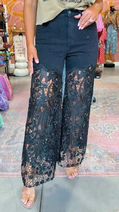 Womens Spliced Hot Diamond Printing Hollow Casual Pants