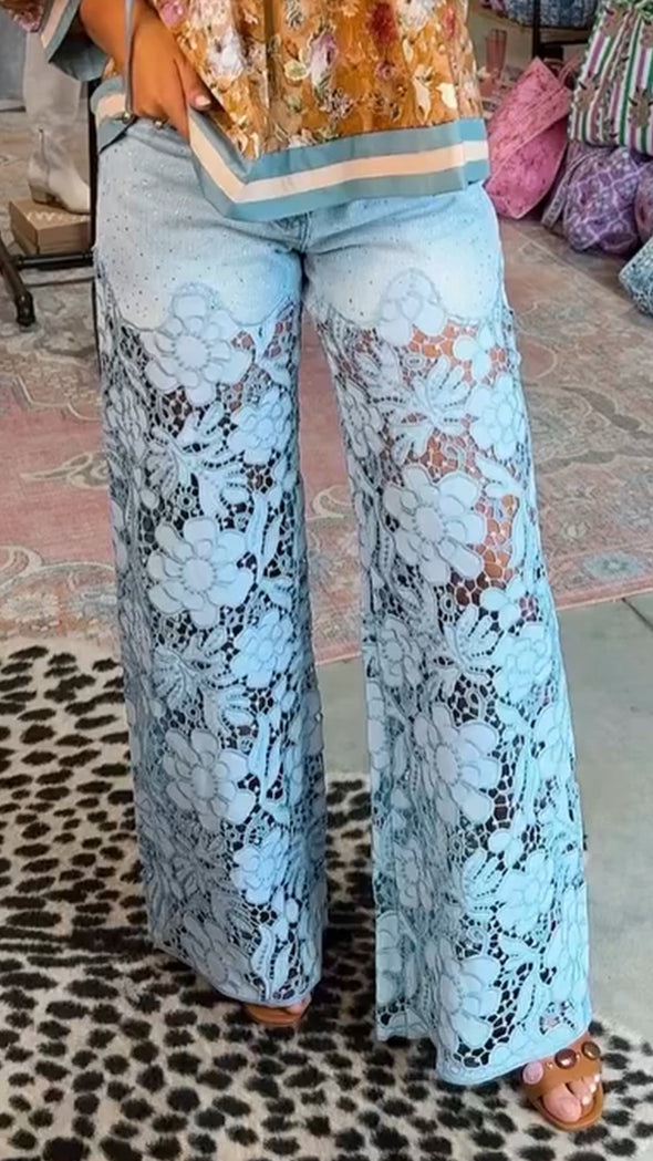 Womens Spliced Hot Diamond Printing Hollow Casual Pants