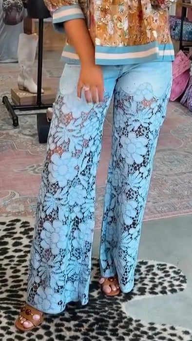 Womens Spliced Hot Diamond Printing Hollow Casual Pants