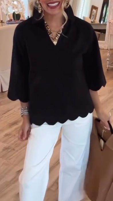 Women Lapel Solid Color Top