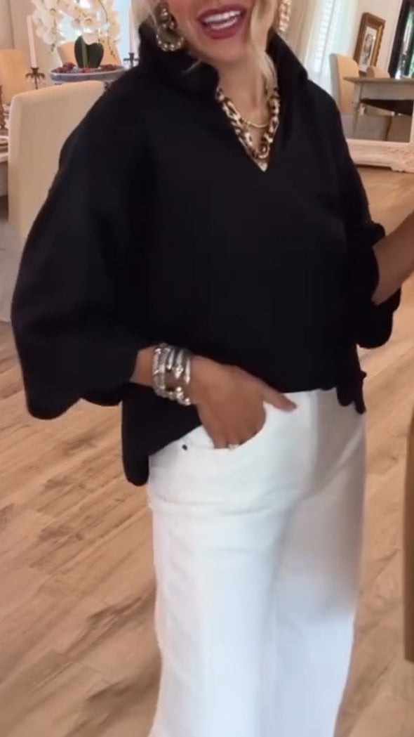 Women Lapel Solid Color Top