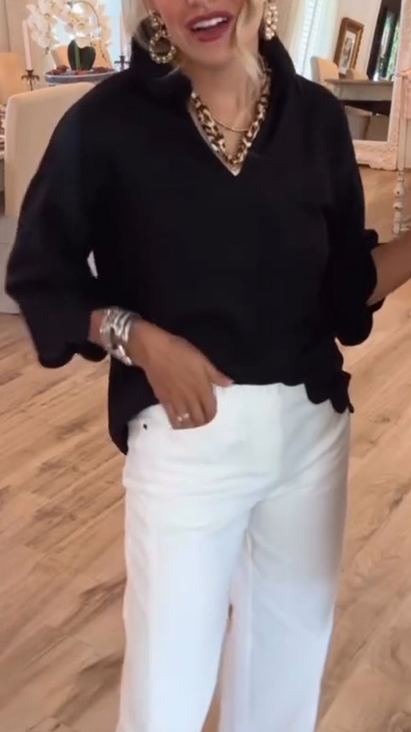 Women Lapel Solid Color Top