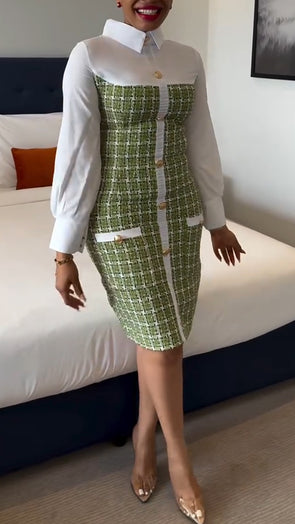 Womens Lapel Spliced and Breasted Elegant Casual Dress