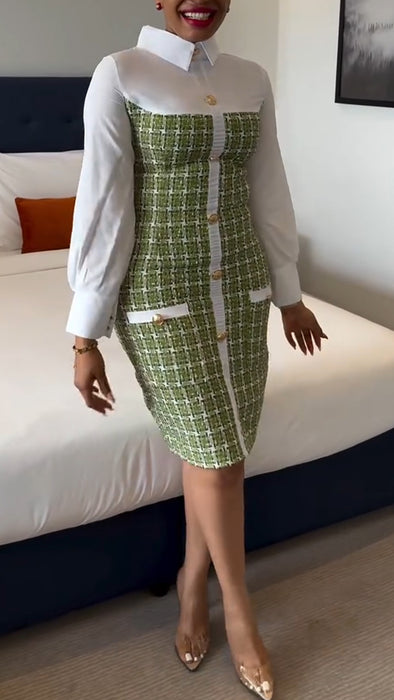 Womens Lapel Spliced and Breasted Elegant Casual Dress