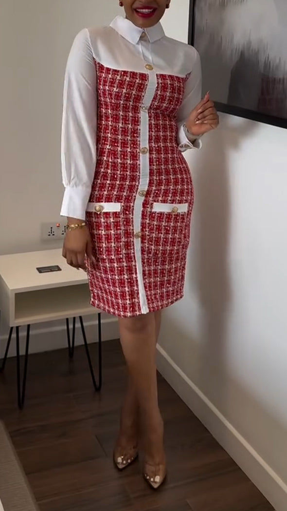 Womens Lapel Spliced and Breasted Elegant Casual Dress