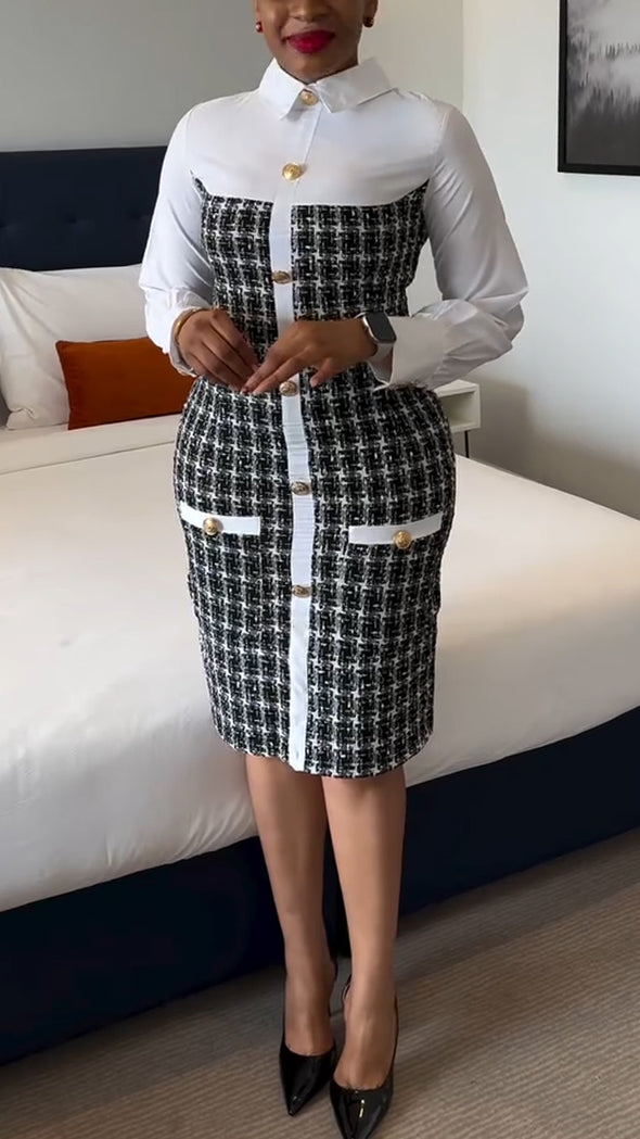 Womens Lapel Spliced and Breasted Elegant Casual Dress