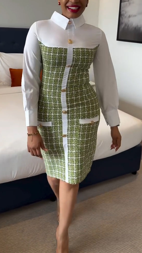 Womens Lapel Spliced and Breasted Elegant Casual Dress