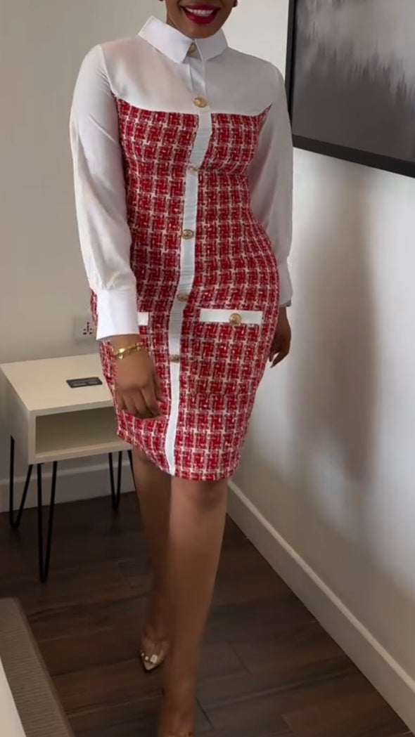 Womens Lapel Spliced and Breasted Elegant Casual Dress