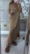 Women V-neck Solid Color Loose Casual Dress
