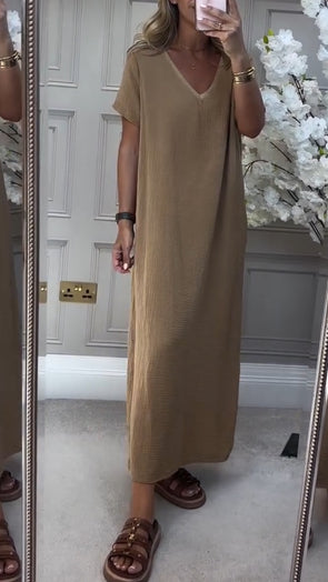 Women V-neck Solid Color Loose Casual Dress
