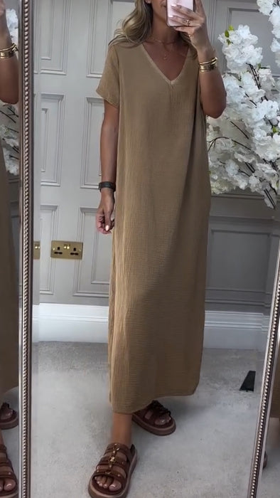 Women V-neck Solid Color Loose Casual Dress