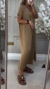 Women V-neck Solid Color Loose Casual Dress