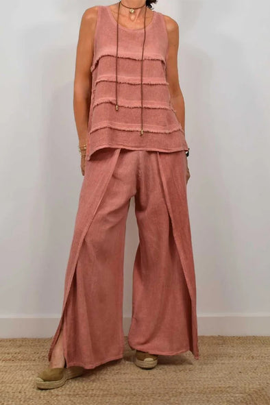 Women Round Neck Splicing Top + Pants Casual Suit