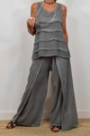 Women Round Neck Splicing Top + Pants Casual Suit